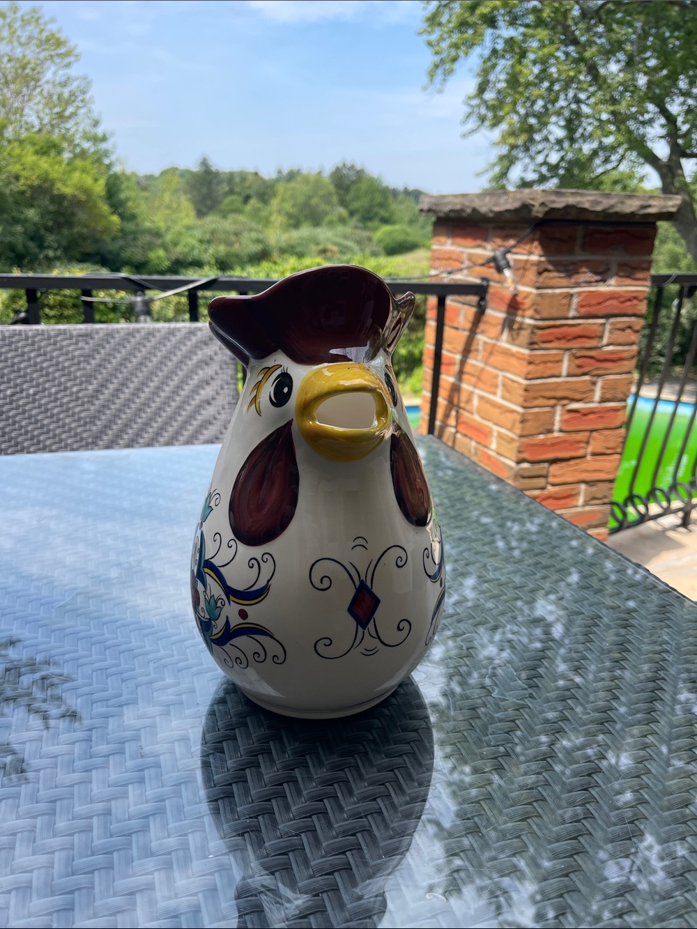 Hand-Painted Ceramic Rooster Pitcher — White, Yellow, Burgundy